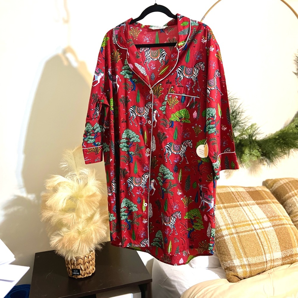 Anthropologie PrintFresh Antelope's Forest Cotton Button Front Sleep Dress Shirt